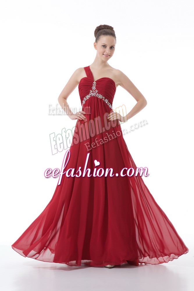 Free and Easy Red Backless One Shoulder Beading and Ruching Prom Gown Chiffon Sleeveless