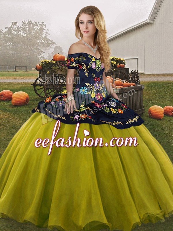  Floor Length Lace Up 15 Quinceanera Dress Olive Green for Military Ball and Sweet 16 and Quinceanera with Embroidery