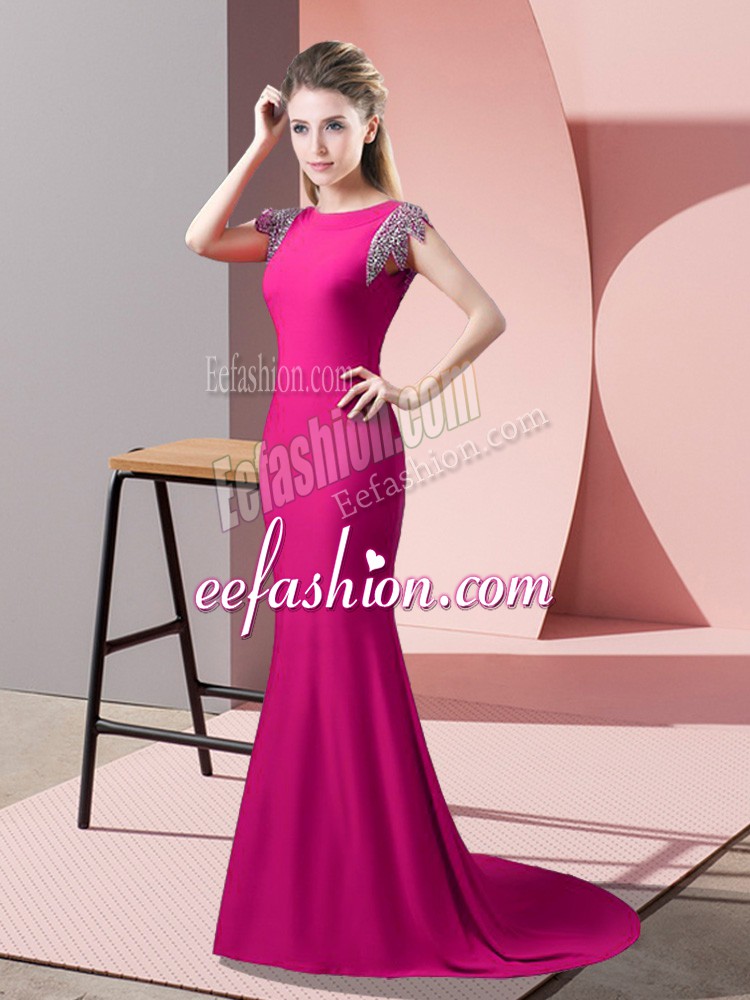 Sumptuous Hot Pink Mermaid Beading Prom Party Dress Backless Elastic Woven Satin Short Sleeves