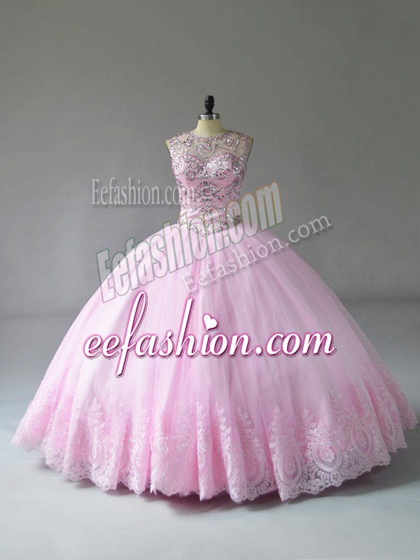 Spectacular Baby Pink 15 Quinceanera Dress Sweet 16 and Quinceanera with Beading and Appliques Scoop Sleeveless Lace Up