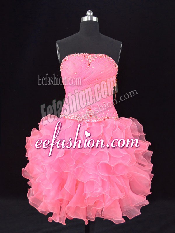 Perfect Sleeveless Organza Lace Up Dress for Prom in Rose Pink with Beading and Ruching