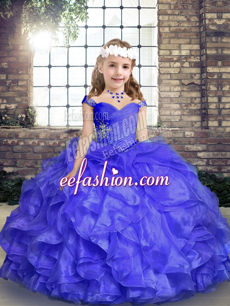 Fashion Straps Sleeveless Little Girls Pageant Gowns Floor Length Beading and Ruffles Blue Organza