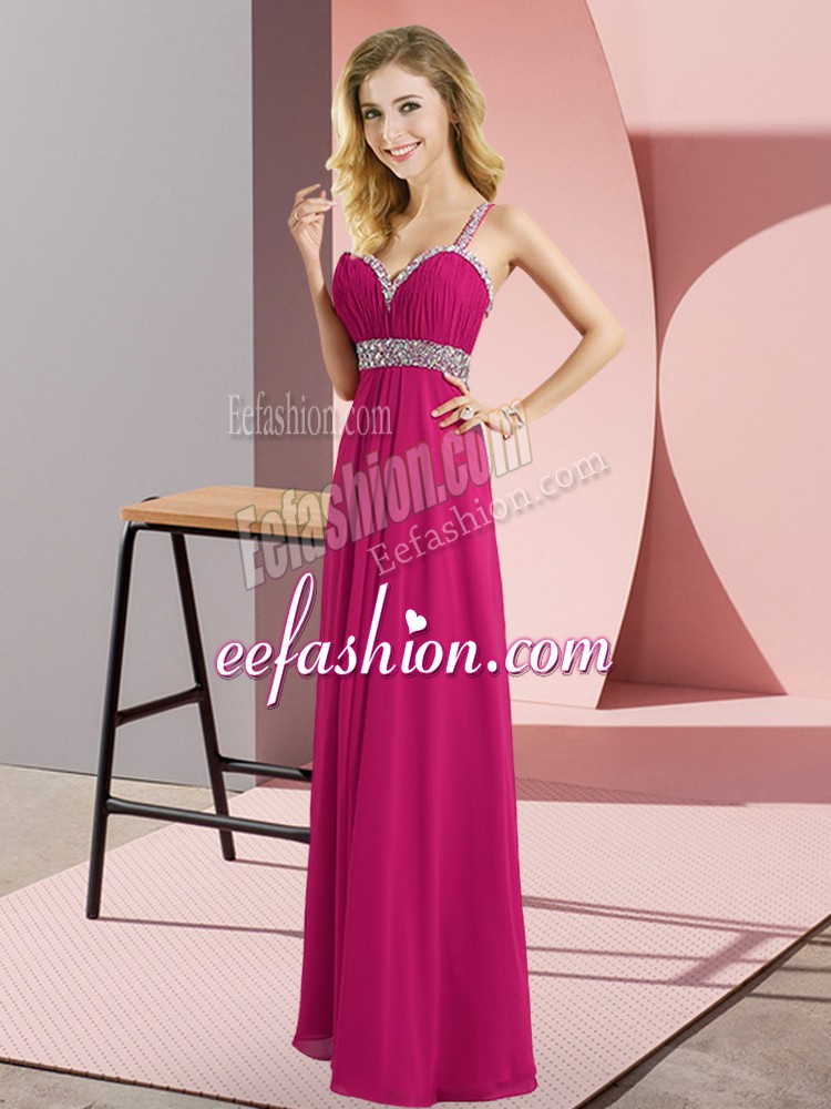 Stylish Fuchsia Chiffon Criss Cross Dress for Prom Sleeveless Floor Length Beading