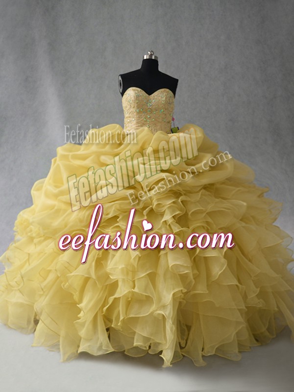 Custom Made Yellow Sweetheart Lace Up Beading and Ruffles Ball Gown Prom Dress Sleeveless