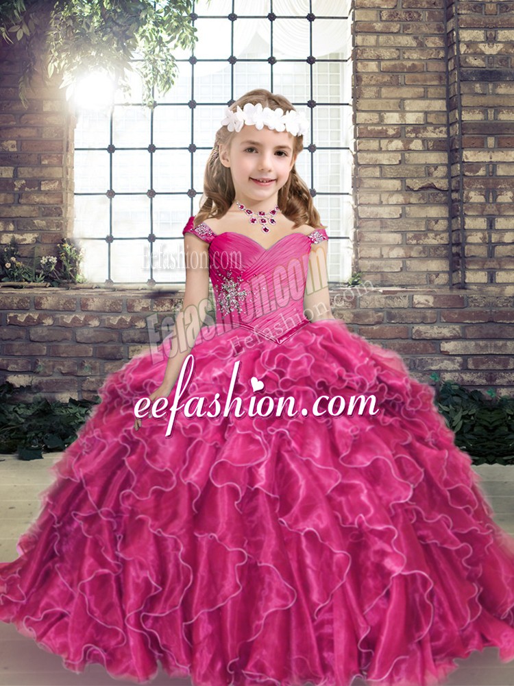  Straps Sleeveless Pageant Gowns For Girls Floor Length Beading and Ruffles Fuchsia Organza
