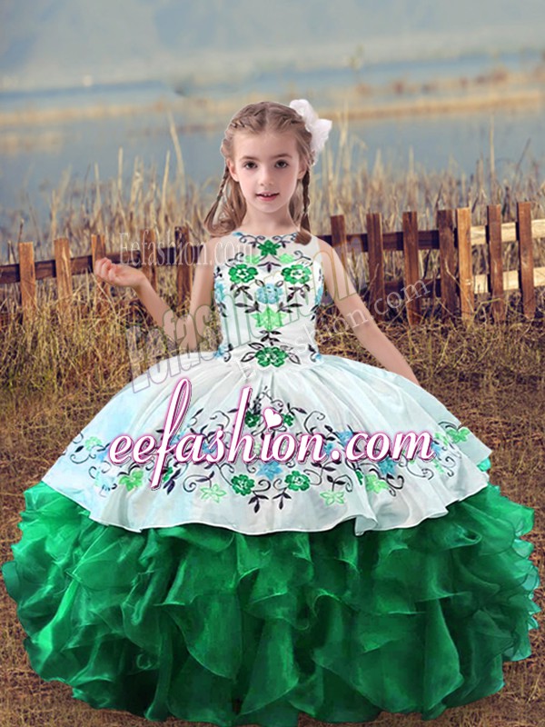 Green Scoop Lace Up Embroidery and Ruffles Little Girls Pageant Dress Wholesale Sleeveless
