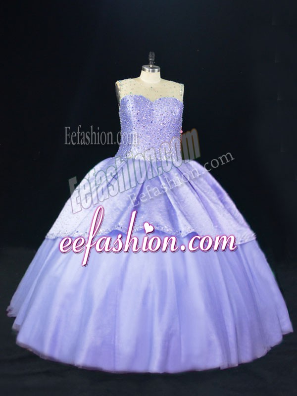  Tulle Scoop Sleeveless Lace Up Beading Quinceanera Dresses in Lavender