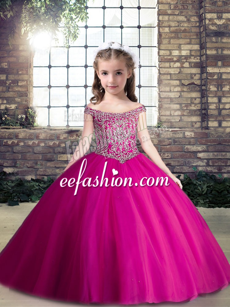 Sweetheart Sleeveless Tulle Pageant Gowns For Girls Beading Lace Up