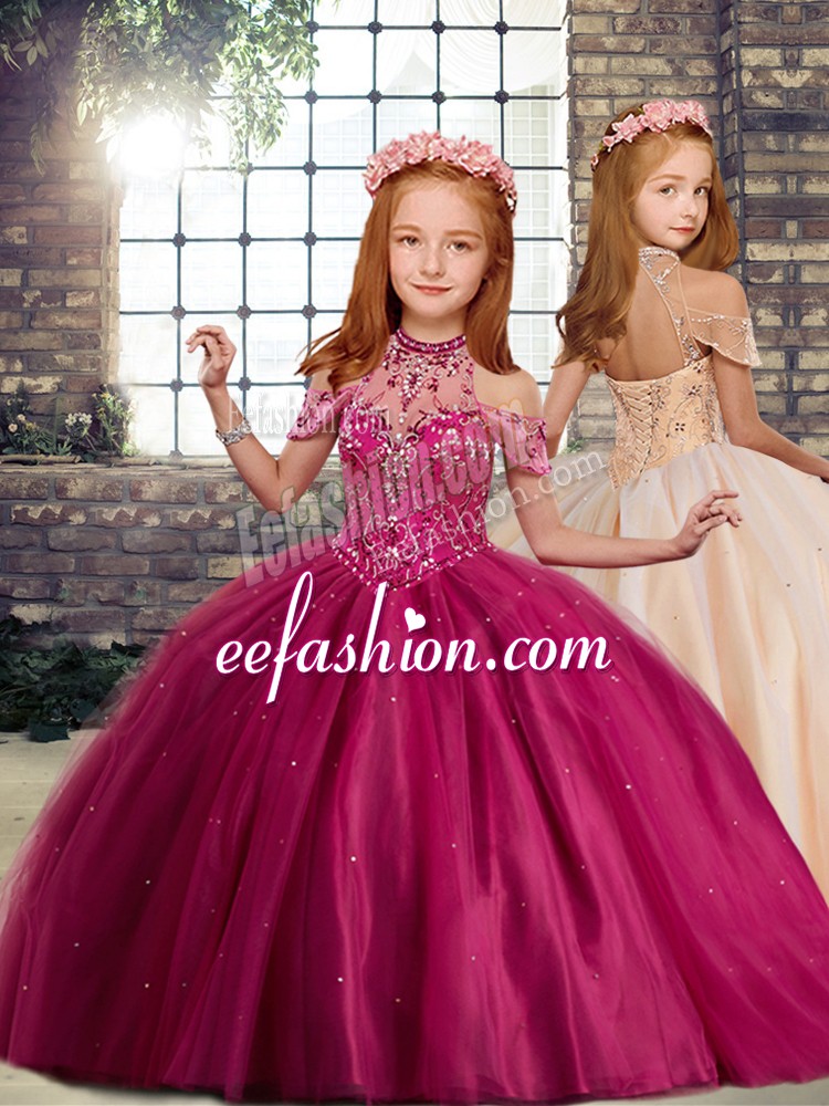Trendy High-neck Sleeveless Little Girls Pageant Dress Floor Length Beading Fuchsia Tulle