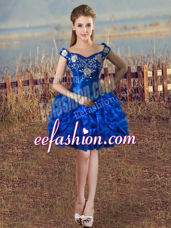 Stylish Organza Off The Shoulder Sleeveless Lace Up Embroidery and Ruffles Prom Party Dress in Royal Blue