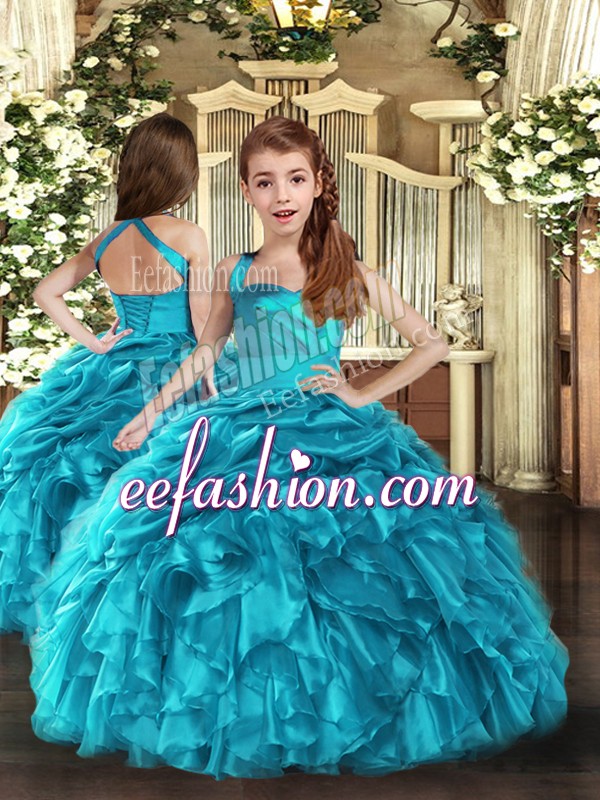  Baby Blue Sleeveless Organza Lace Up Little Girl Pageant Gowns for Party and Sweet 16 and Wedding Party