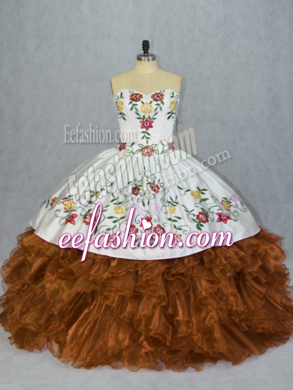 Sweet Brown Ball Gowns Organza Sweetheart Sleeveless Embroidery and Ruffles Floor Length Lace Up Sweet 16 Dresses