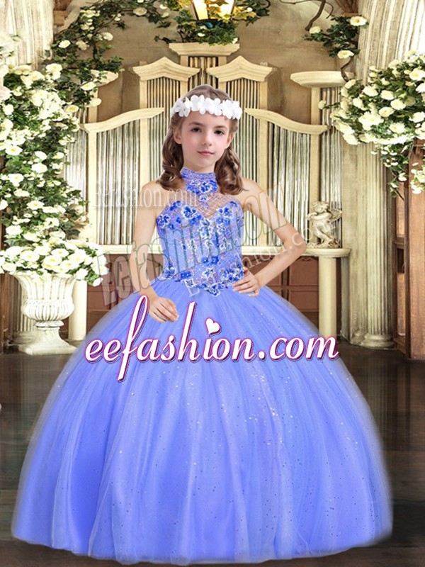 Stylish Appliques Pageant Gowns For Girls Blue Lace Up Sleeveless Floor Length