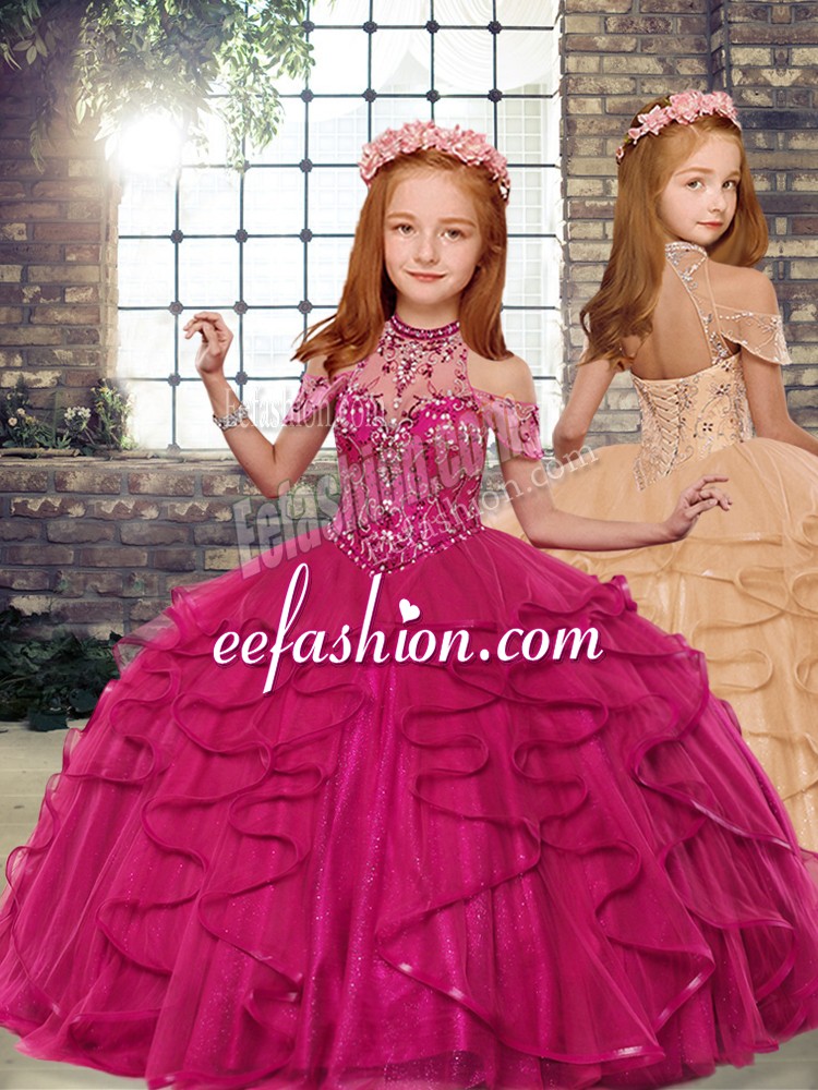  Tulle Sleeveless Lace Up Beading and Ruffles Kids Pageant Dress in Fuchsia