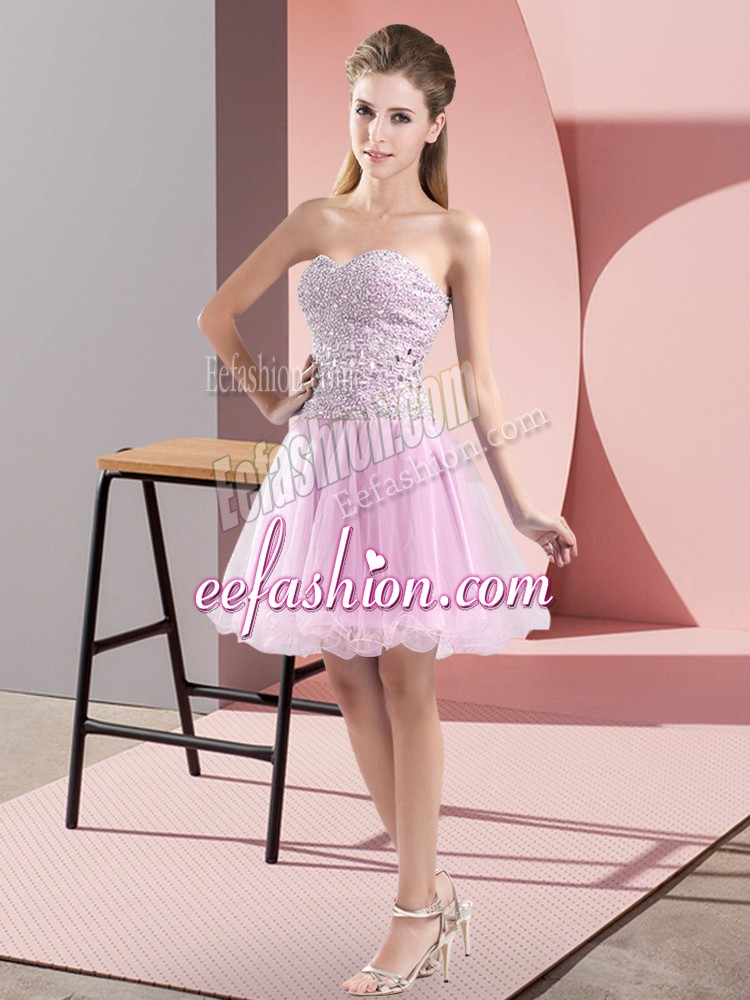  Lilac Tulle Zipper Prom Evening Gown Sleeveless Mini Length Beading