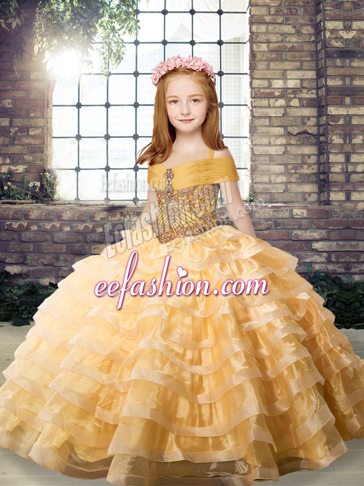  Orange Ball Gowns Organza Straps Sleeveless Beading and Ruffled Layers Lace Up Little Girl Pageant Dress Brush Train