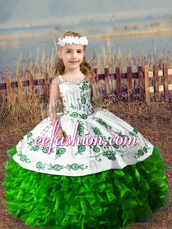  Sleeveless Floor Length Embroidery and Ruffles Lace Up Girls Pageant Dresses with Green