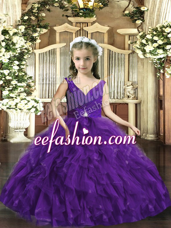  Sleeveless Floor Length Beading and Ruffles Backless Evening Gowns with Purple
