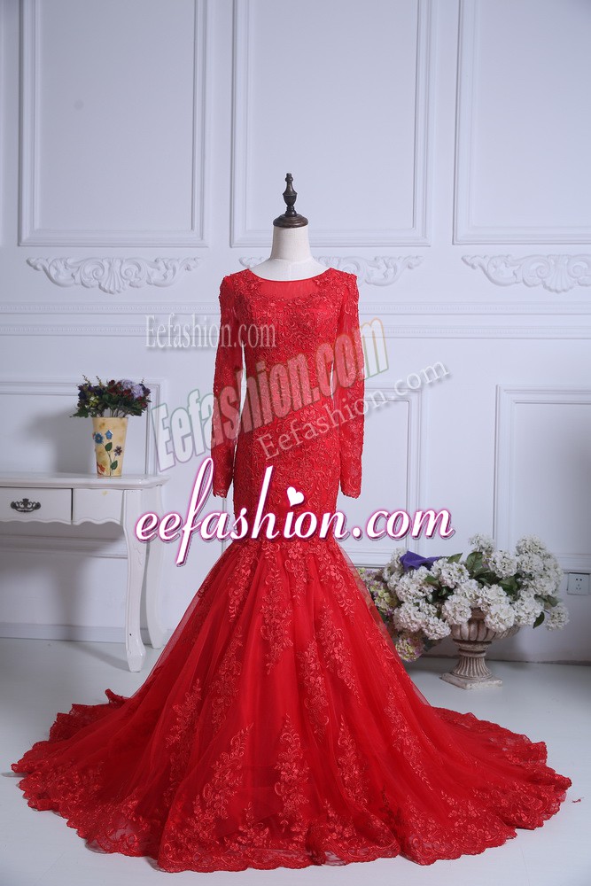 Enchanting Red Long Sleeves Tulle Court Train Zipper Prom Party Dress for Beach and Wedding Party