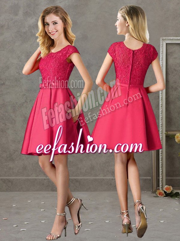  Red Scoop Zipper Lace Wedding Guest Dresses Short Sleeves