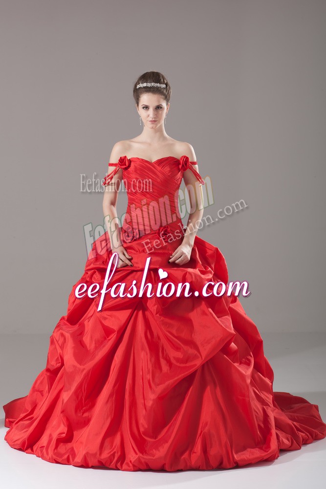 Customized Red Lace Up Quince Ball Gowns Ruching and Pick Ups and Hand Made Flower Sleeveless Brush Train