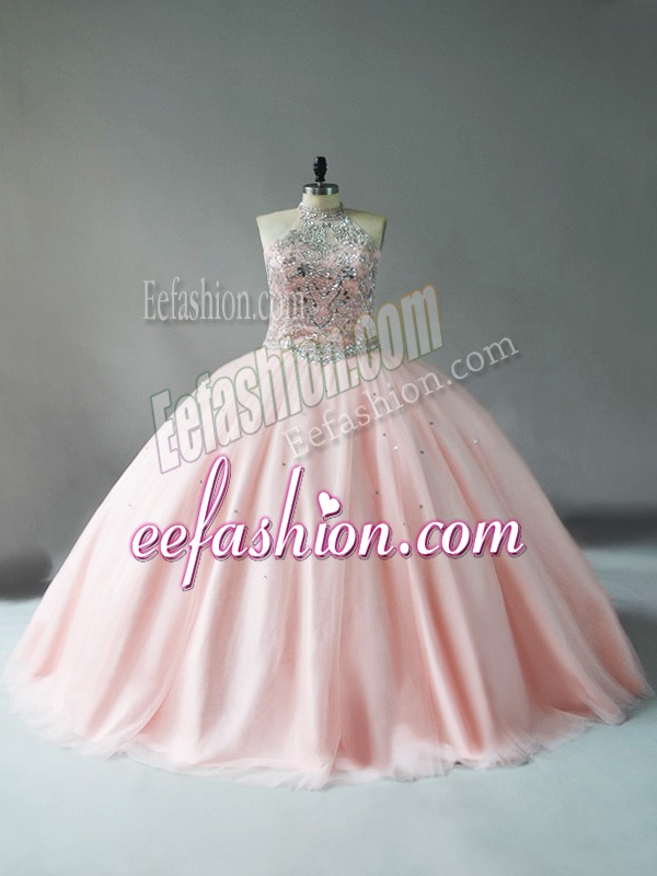  Halter Top Sleeveless Quinceanera Gowns Floor Length Beading Pink Tulle