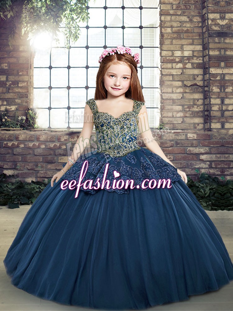  Floor Length Navy Blue Little Girls Pageant Dress Wholesale Tulle Sleeveless Beading and Appliques