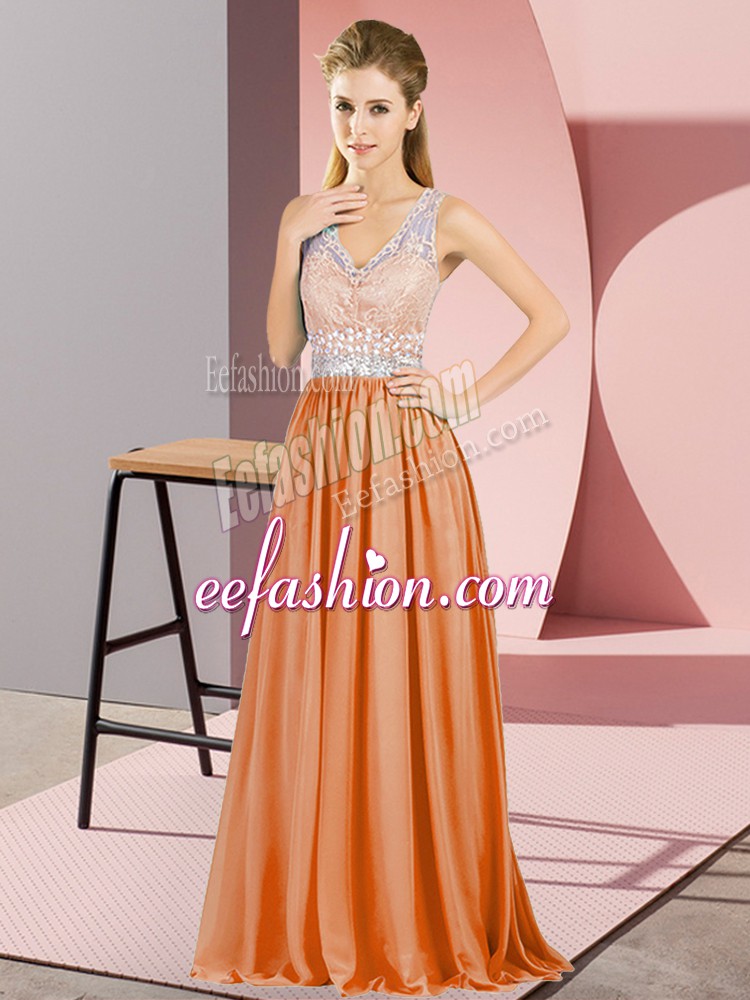 Exquisite Orange Sleeveless Beading and Lace Floor Length Prom Party Dress