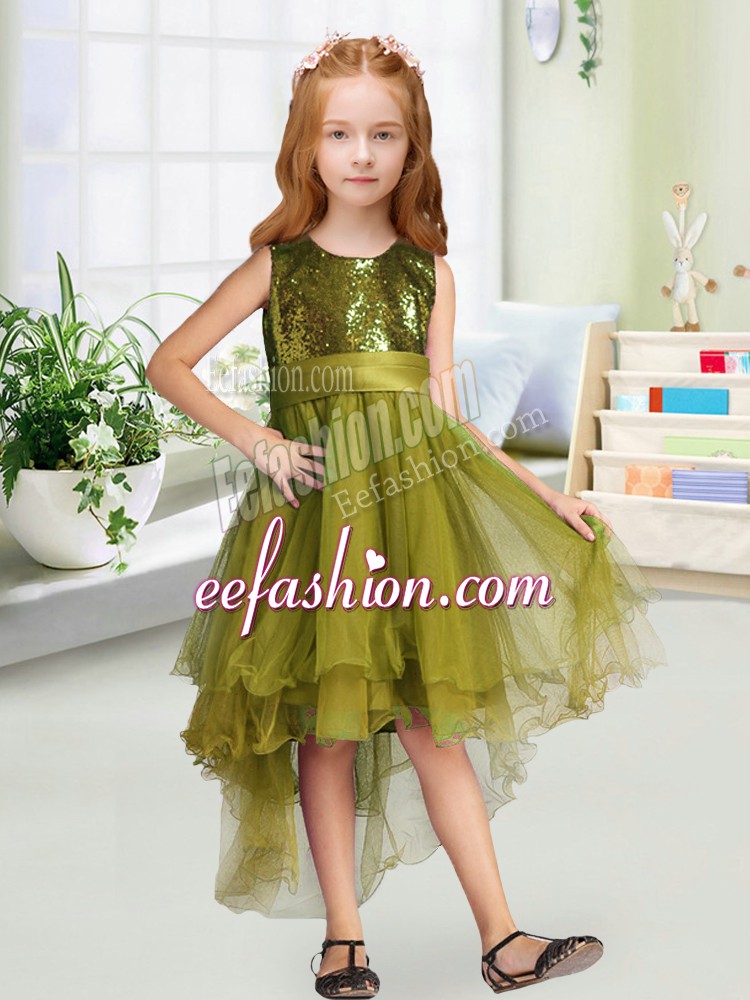 Best Selling Olive Green A-line Sequins and Bowknot Flower Girl Dresses Zipper Organza Sleeveless High Low