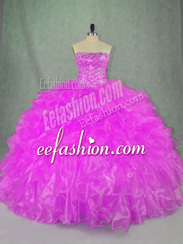  Sleeveless Organza Floor Length Lace Up 15 Quinceanera Dress in Lilac with Beading and Ruffles