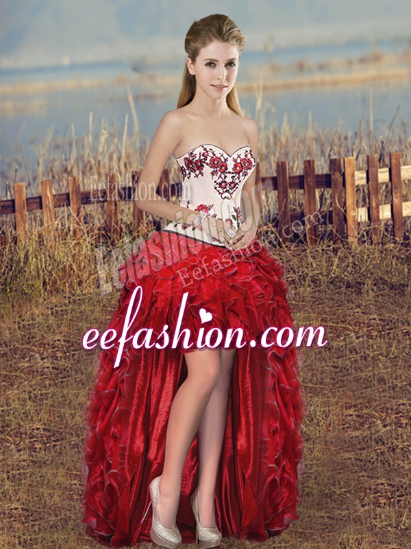  Red Lace Up Sweetheart Embroidery and Ruffles Prom Party Dress Organza Sleeveless