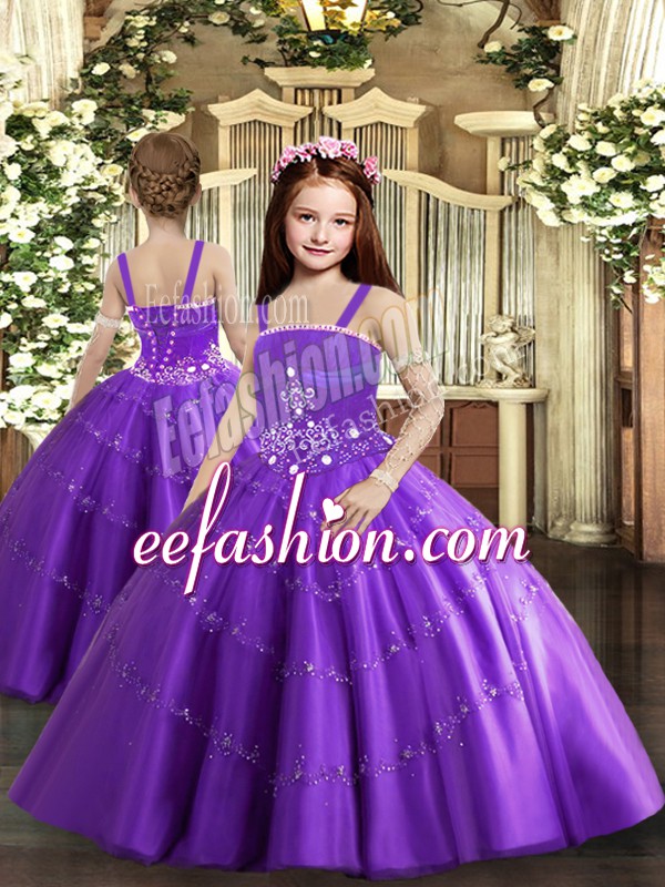  Sleeveless Lace Up Floor Length Beading and Ruffled Layers Kids Pageant Dress