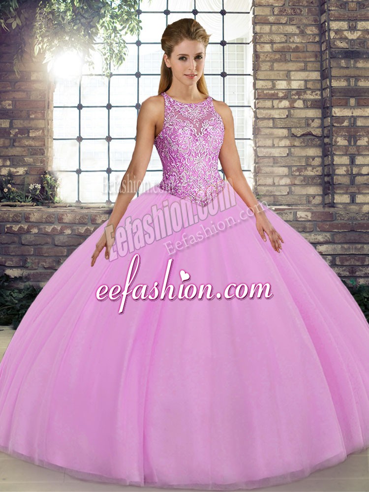 Clearance Embroidery Sweet 16 Quinceanera Dress Lilac Lace Up Sleeveless Floor Length