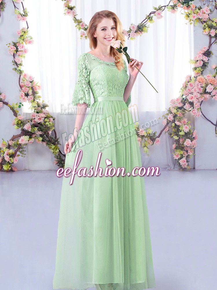  Floor Length Side Zipper Bridesmaid Dresses Apple Green for Wedding Party with Lace and Belt