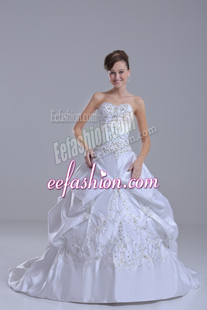  Taffeta Sweetheart Sleeveless Brush Train Lace Up Beading and Pick Ups Wedding Gown in White
