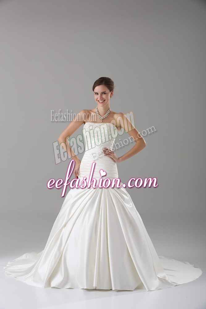 Best Selling White A-line Strapless Sleeveless Taffeta Brush Train Lace Up Beading Wedding Gowns