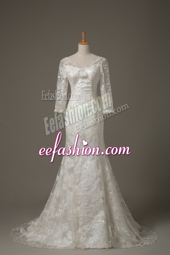  Lace Up Wedding Dresses White for Wedding Party with Lace and Hand Made Flower Brush Train