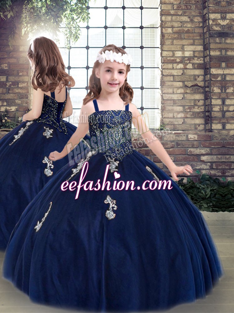Excellent Navy Blue Lace Up Kids Formal Wear Beading and Appliques Sleeveless Floor Length