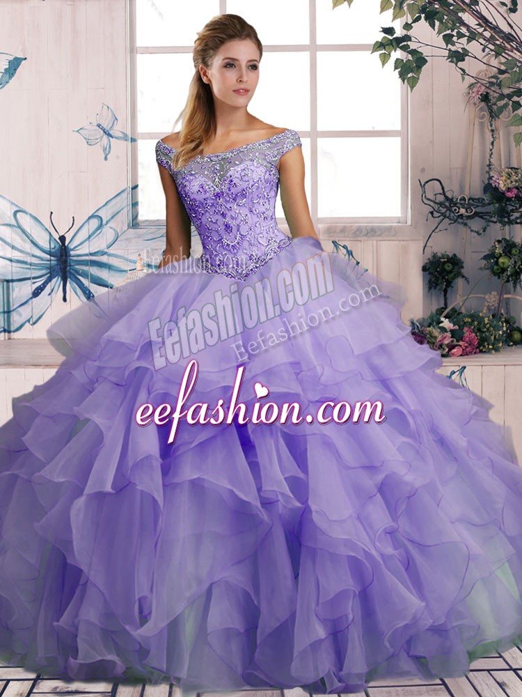  Organza Off The Shoulder Sleeveless Lace Up Beading and Ruffles Quinceanera Gown in Lavender