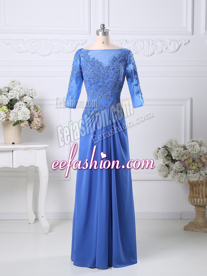 Fashion Floor Length Blue Prom Gown Chiffon Half Sleeves Lace