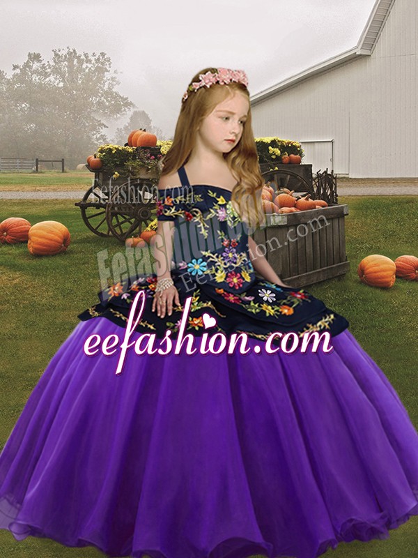 Hot Selling Eggplant Purple Sleeveless Floor Length Embroidery Zipper Pageant Gowns For Girls
