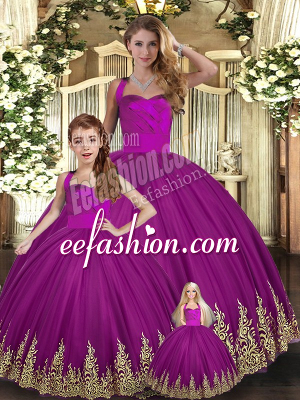 Stunning Fuchsia Lace Up Halter Top Embroidery Vestidos de Quinceanera Tulle Sleeveless