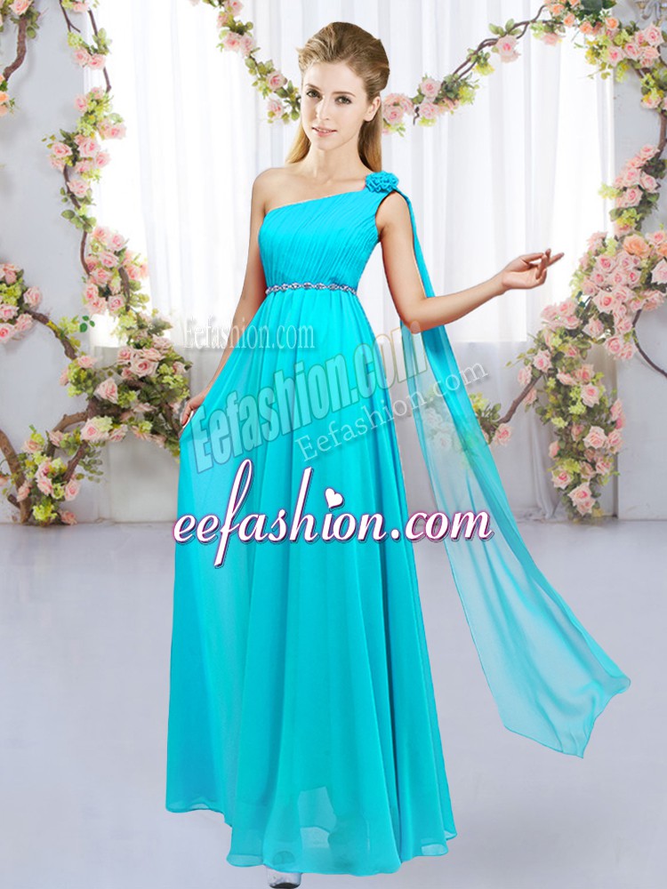 Hot Selling Aqua Blue Empire Beading and Hand Made Flower Bridesmaid Dresses Lace Up Chiffon Sleeveless Floor Length