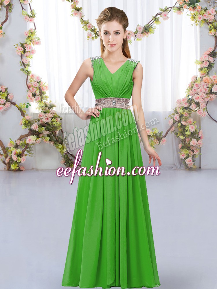 Decent Green Bridesmaid Dress Wedding Party with Beading and Belt V-neck Sleeveless Lace Up