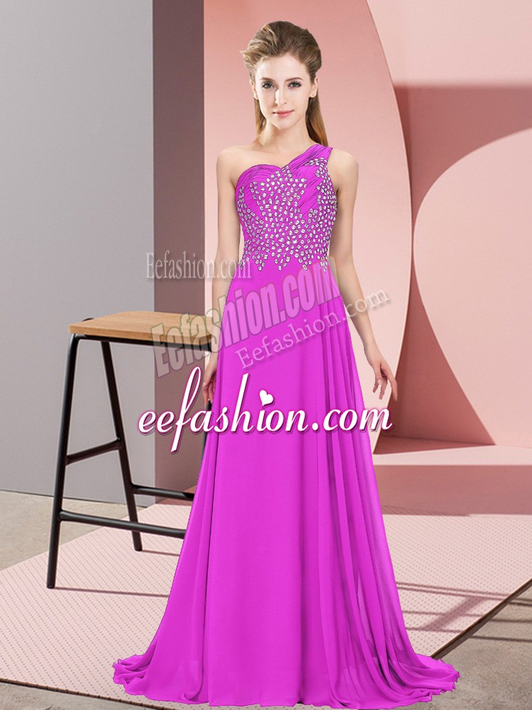  Floor Length Purple Prom Party Dress Chiffon Sleeveless Beading
