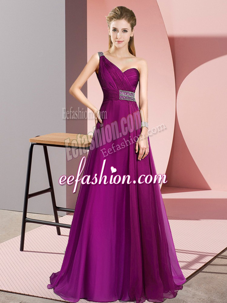 Custom Fit Fuchsia Chiffon Criss Cross One Shoulder Sleeveless Dress for Prom Brush Train Beading