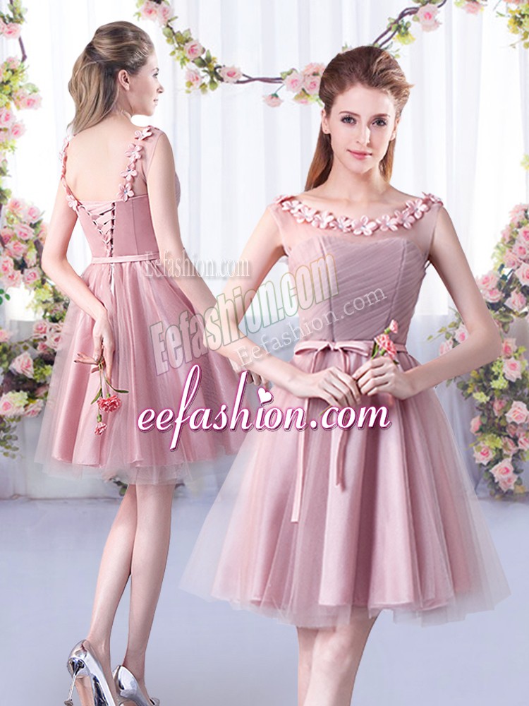 High Class Pink Sleeveless Appliques and Belt Knee Length Quinceanera Court Dresses