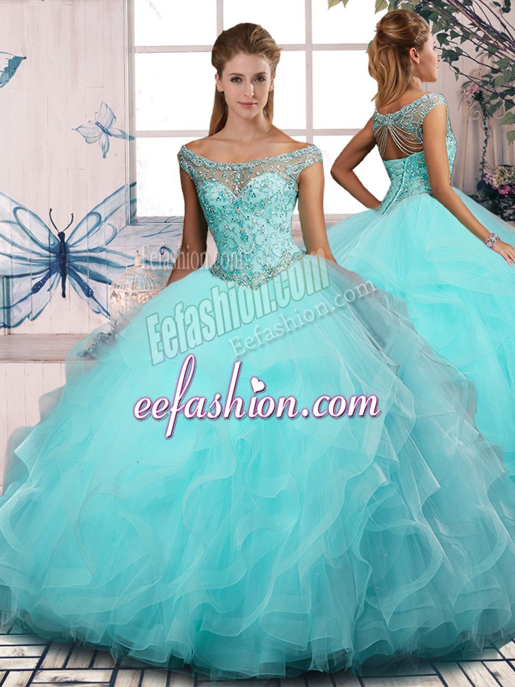 Low Price Tulle Sleeveless Floor Length 15 Quinceanera Dress and Beading and Ruffles