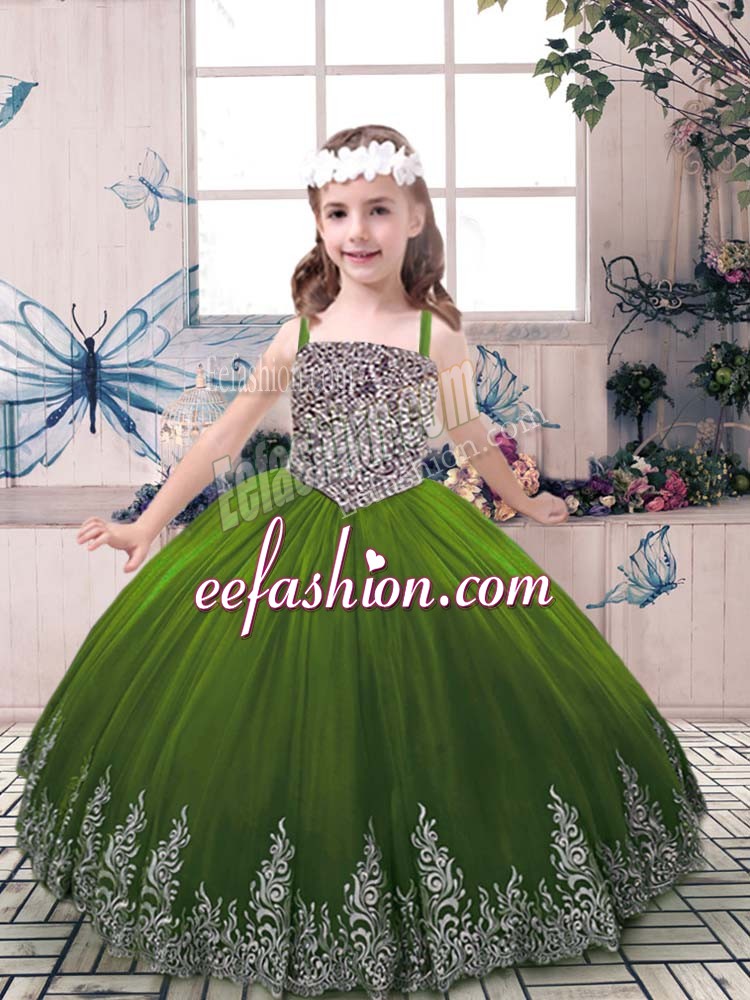 Elegant Olive Green Lace Up Straps Beading and Embroidery Pageant Dress for Teens Tulle Sleeveless
