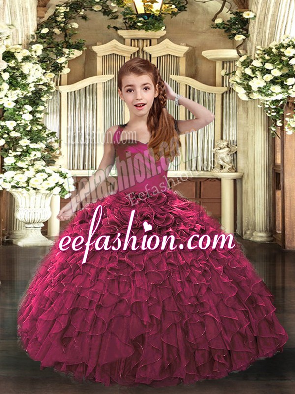  Floor Length Lace Up Kids Formal Wear Fuchsia for Party and Wedding Party with Ruffles